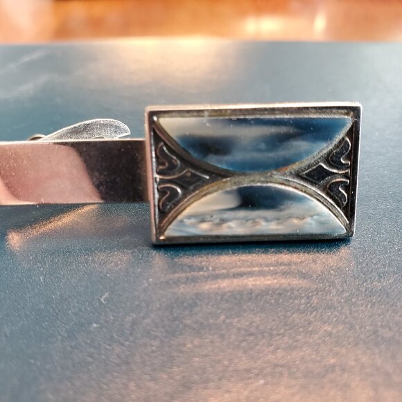 VTG Cufflinks & Tie Clip Silver Abalone Shell? Blue Grey 26 Grams Art Deco - Picture 10 of 10